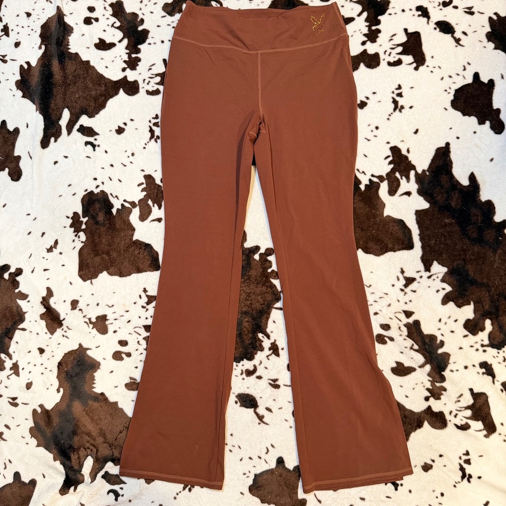 Playboy by PacSun Flare Leggings Womens Medium Brown Rhinestone Slit Hem Y2K